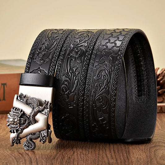 3.5CM V Buckle Cowskin Genuine Leather Belt Quality Alloy Automatic Buckle Print Wasitbad Strap Gift Bussiness Male Belt Men