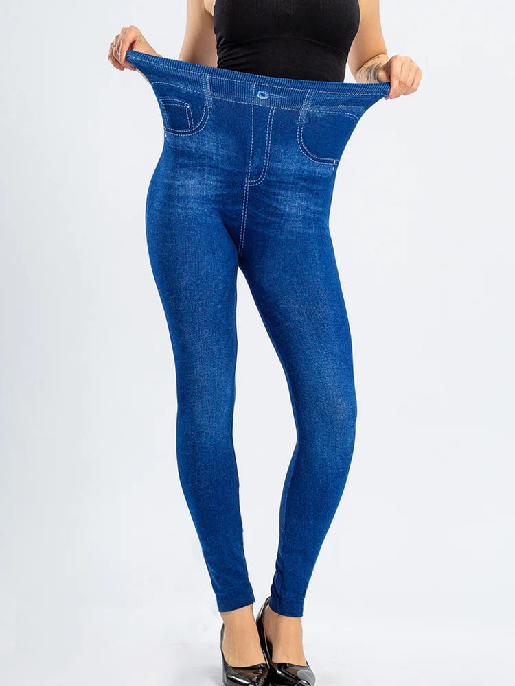 YSDNCHI Pencil Pant Female Faux Denim Leggings Bead Design Running Leggins Slim High Waist Elastic Seamless Skinny Workout