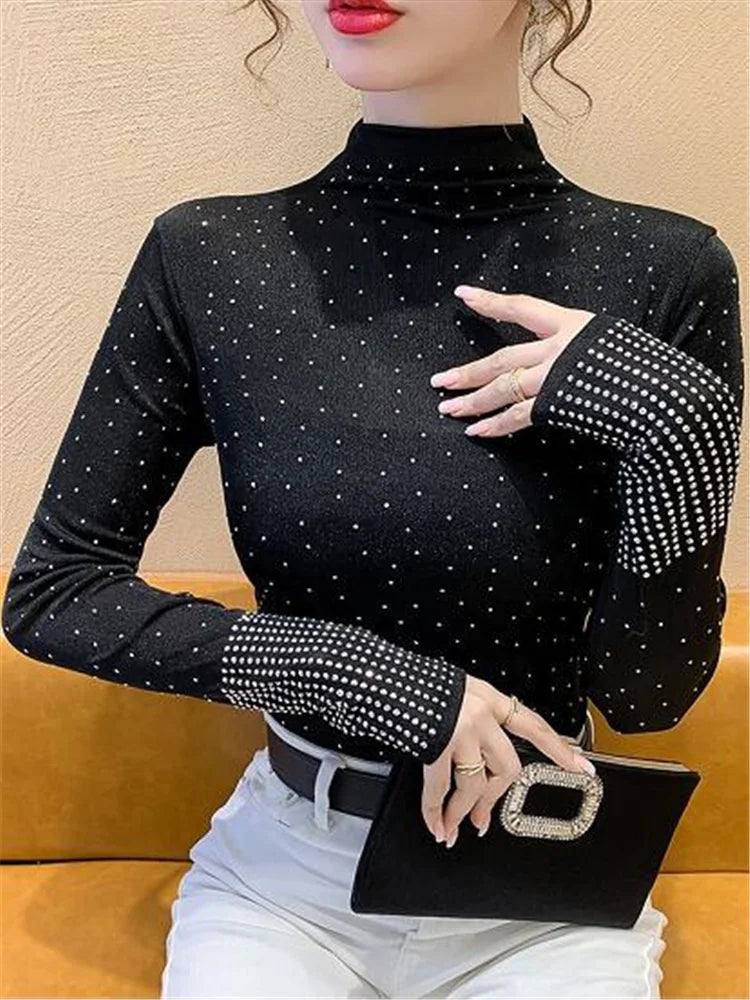 Half Height Collar Bright Diamond T-shirt Ladie Jumpper Top long sleeved Bottoming Top For Women Slim Hot Drill Blusa Female Tee