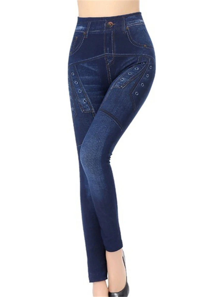 YSDNCHI Pencil Pant Female Faux Denim Leggings Bead Design Running Leggins Slim High Waist Elastic Seamless Skinny Workout