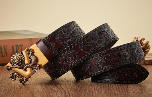 3.5CM V Buckle Cowskin Genuine Leather Belt Quality Alloy Automatic Buckle Print Wasitbad Strap Gift Bussiness Male Belt Men