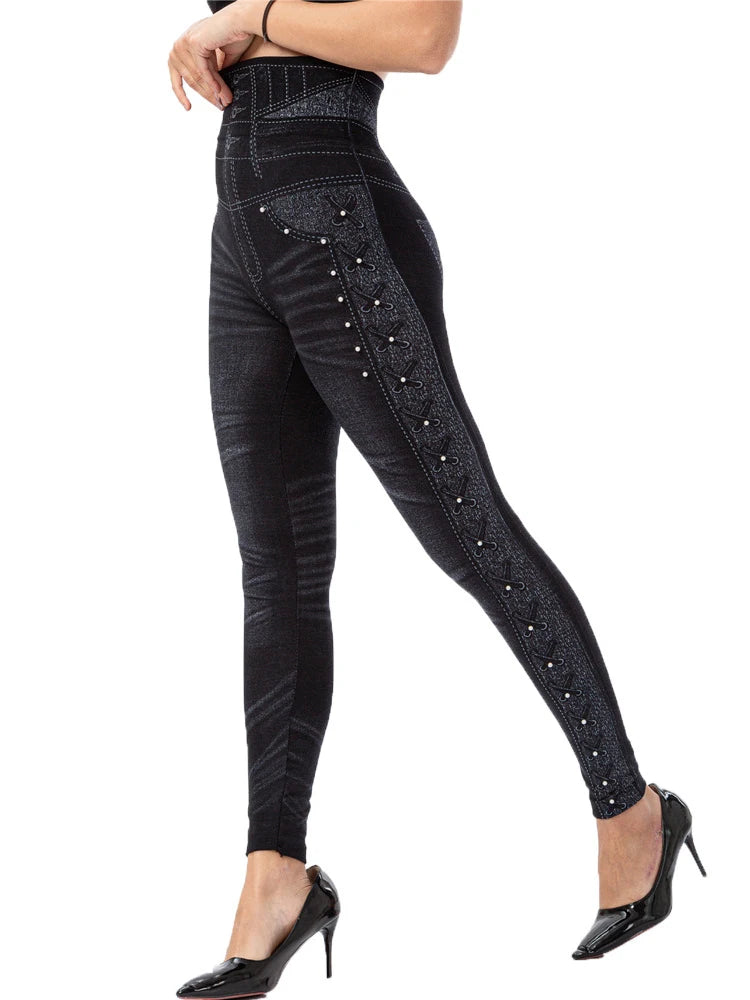 YSDNCHI Pencil Pant Female Faux Denim Leggings Bead Design Running Leggins Slim High Waist Elastic Seamless Skinny Workout