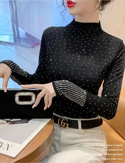 Half Height Collar Bright Diamond T-shirt Ladie Jumpper Top long sleeved Bottoming Top For Women Slim Hot Drill Blusa Female Tee