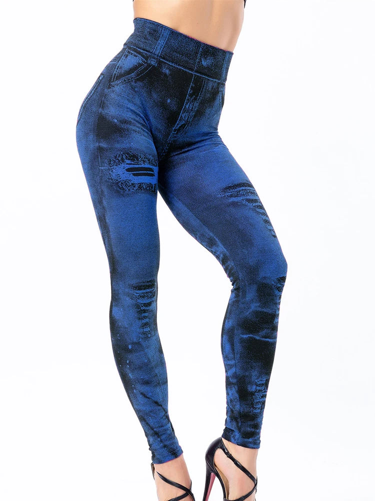YSDNCHI Pencil Pant Female Faux Denim Leggings Bead Design Running Leggins Slim High Waist Elastic Seamless Skinny Workout