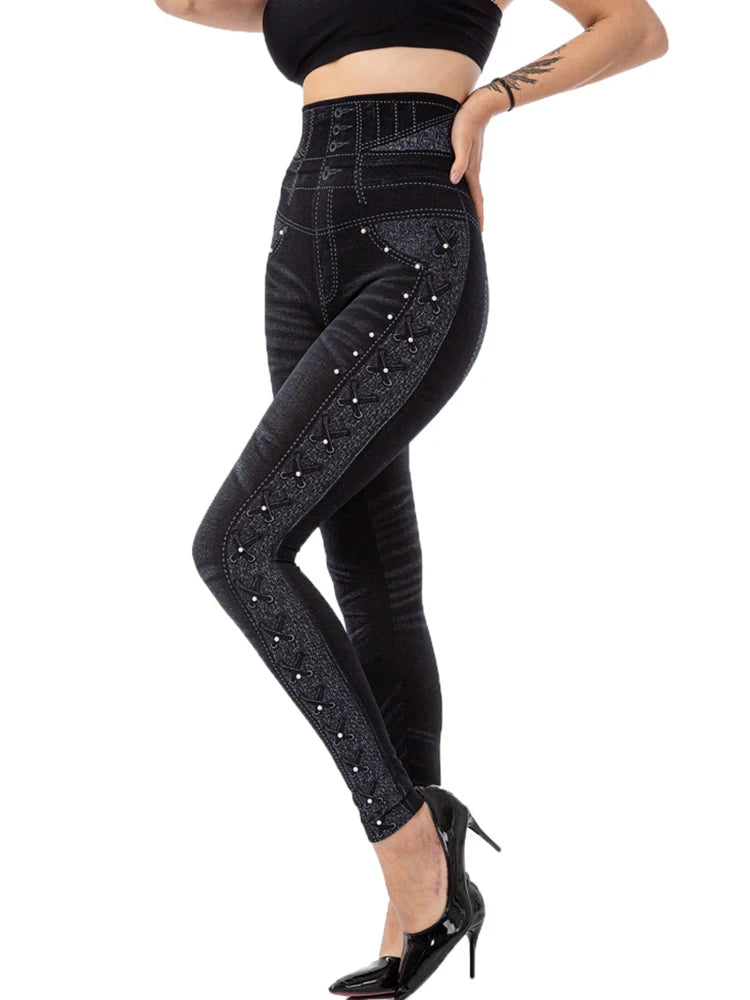 YSDNCHI Pencil Pant Female Faux Denim Leggings Bead Design Running Leggins Slim High Waist Elastic Seamless Skinny Workout