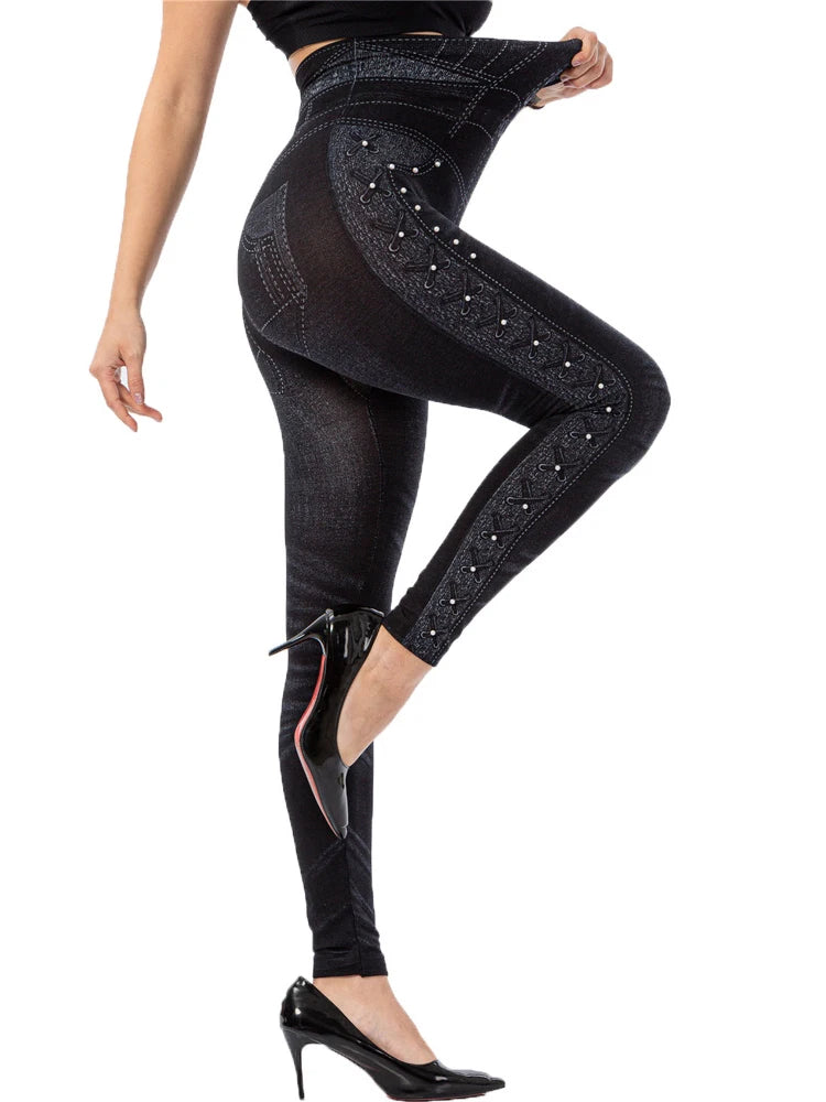 YSDNCHI Pencil Pant Female Faux Denim Leggings Bead Design Running Leggins Slim High Waist Elastic Seamless Skinny Workout