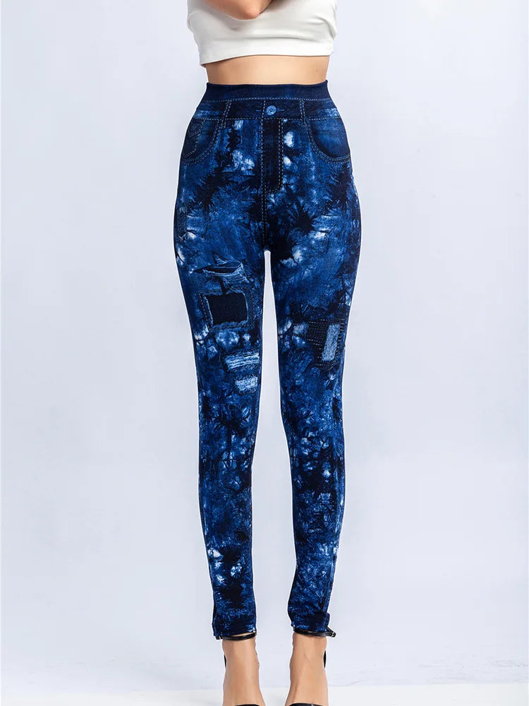 YSDNCHI Pencil Pant Female Faux Denim Leggings Bead Design Running Leggins Slim High Waist Elastic Seamless Skinny Workout