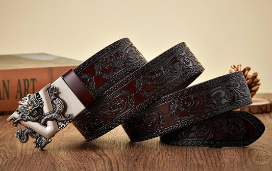 3.5CM V Buckle Cowskin Genuine Leather Belt Quality Alloy Automatic Buckle Print Wasitbad Strap Gift Bussiness Male Belt Men