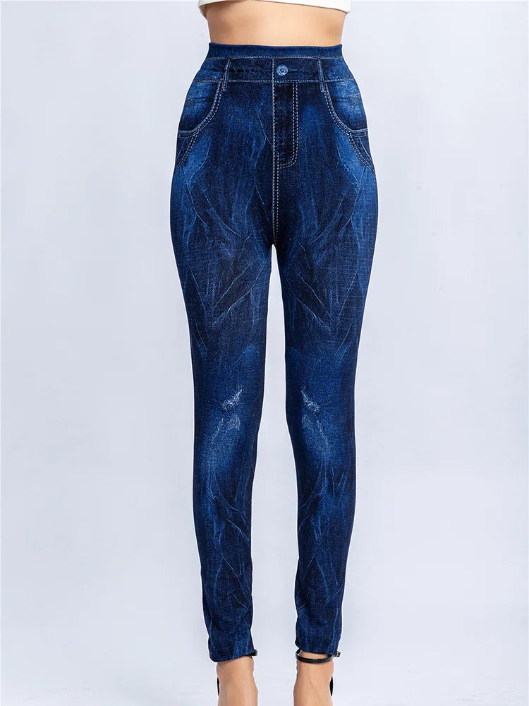 YSDNCHI Pencil Pant Female Faux Denim Leggings Bead Design Running Leggins Slim High Waist Elastic Seamless Skinny Workout