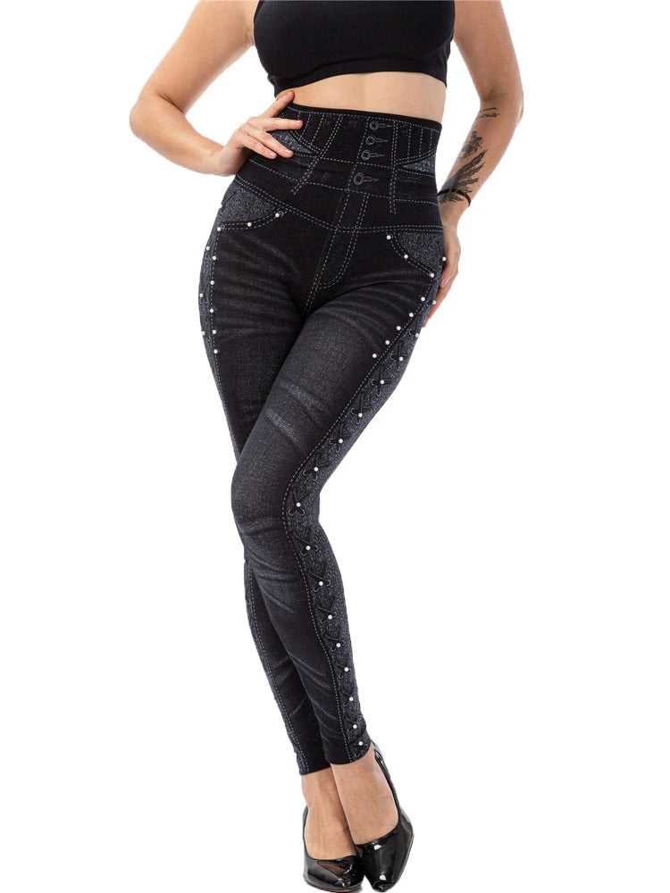 YSDNCHI Pencil Pant Female Faux Denim Leggings Bead Design Running Leggins Slim High Waist Elastic Seamless Skinny Workout