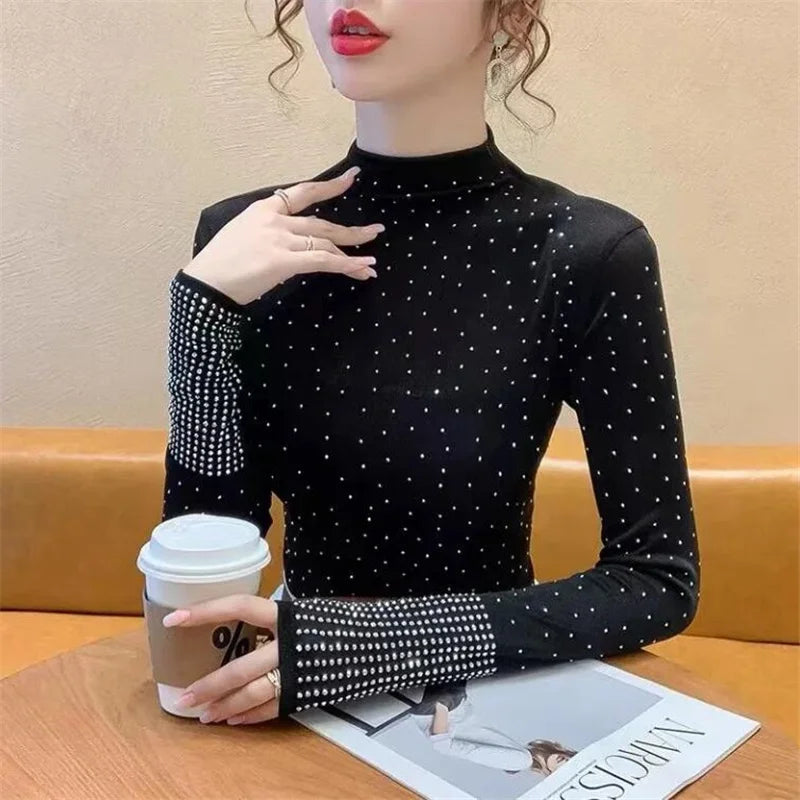 Half Height Collar Bright Diamond T-shirt Ladie Jumpper Top long sleeved Bottoming Top For Women Slim Hot Drill Blusa Female Tee