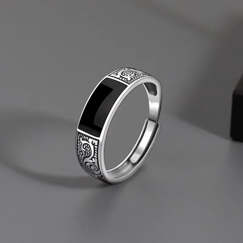 Trendy 925 Sterling Silver Ring for Men Jewelry Black Rectangle Retro Dragon Pattern Ring Male Open Rings Finger Accessories