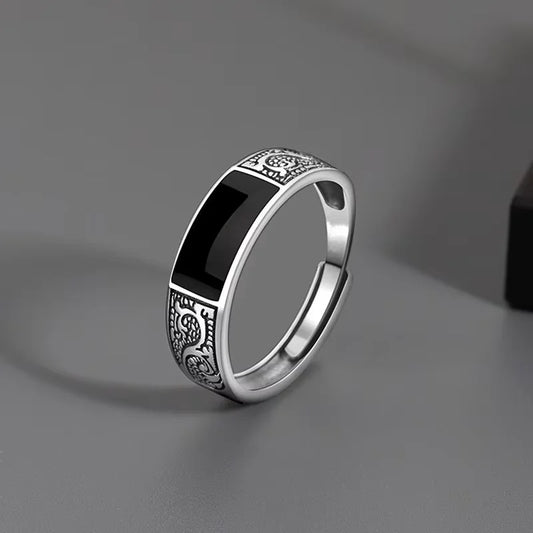 Trendy 925 Sterling Silver Ring for Men Jewelry Black Rectangle Retro Dragon Pattern Ring Male Open Rings Finger Accessories