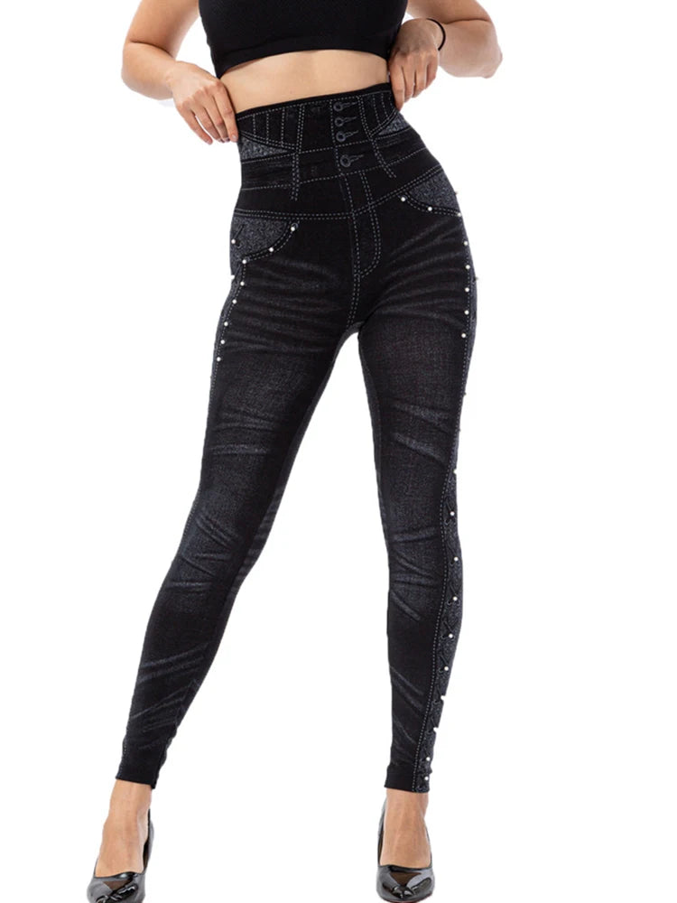 YSDNCHI Pencil Pant Female Faux Denim Leggings Bead Design Running Leggins Slim High Waist Elastic Seamless Skinny Workout