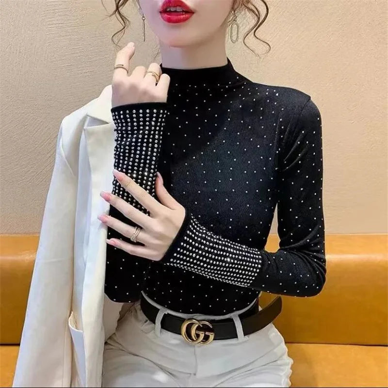 Half Height Collar Bright Diamond T-shirt Ladie Jumpper Top long sleeved Bottoming Top For Women Slim Hot Drill Blusa Female Tee