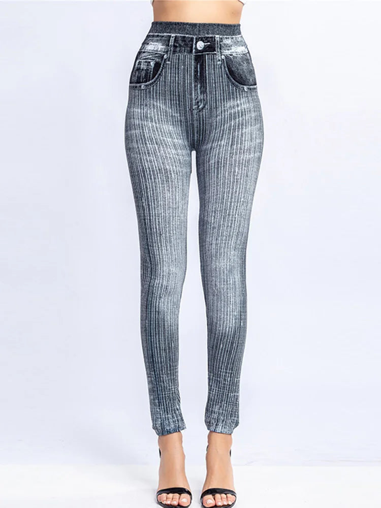 YSDNCHI Pencil Pant Female Faux Denim Leggings Bead Design Running Leggins Slim High Waist Elastic Seamless Skinny Workout