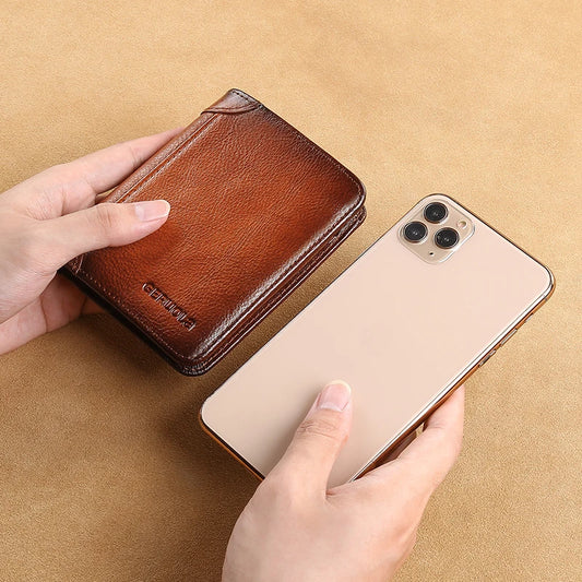 Mens Wallet  Genuine Leather RFID Blocking Card Holders Cowhide Trifold wallets for men GIFT Festival gifts