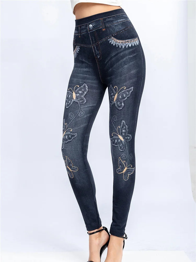 YSDNCHI Pencil Pant Female Faux Denim Leggings Bead Design Running Leggins Slim High Waist Elastic Seamless Skinny Workout