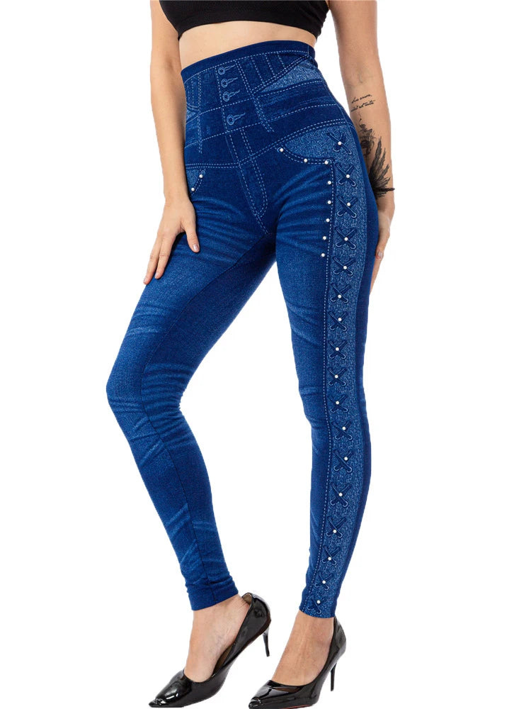 YSDNCHI Pencil Pant Female Faux Denim Leggings Bead Design Running Leggins Slim High Waist Elastic Seamless Skinny Workout