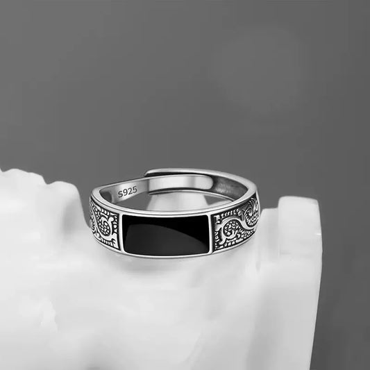 Trendy 925 Sterling Silver Ring for Men Jewelry Black Rectangle Retro Dragon Pattern Ring Male Open Rings Finger Accessories