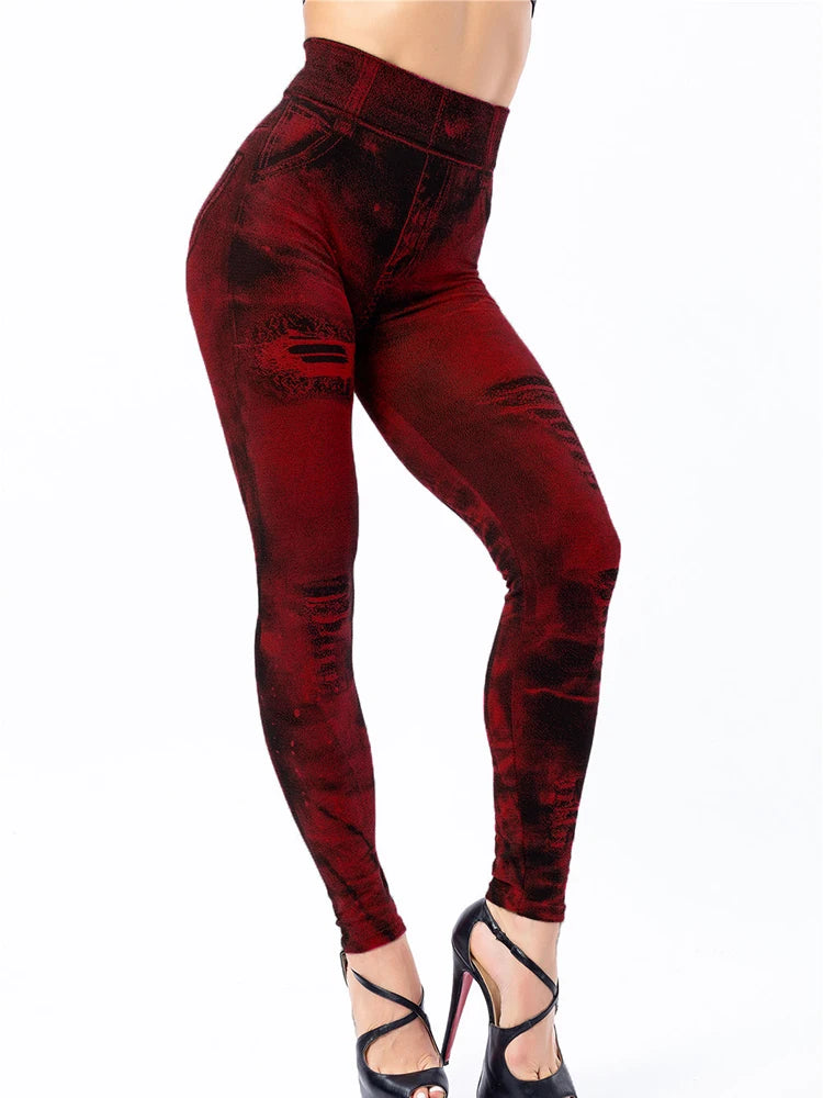YSDNCHI Pencil Pant Female Faux Denim Leggings Bead Design Running Leggins Slim High Waist Elastic Seamless Skinny Workout