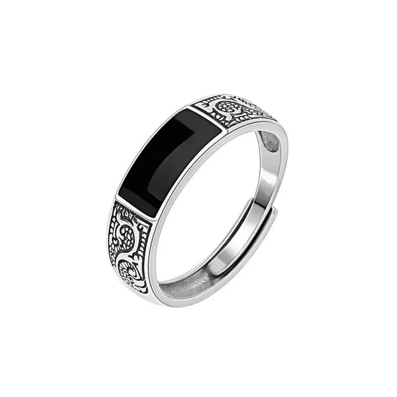 Trendy 925 Sterling Silver Ring for Men Jewelry Black Rectangle Retro Dragon Pattern Ring Male Open Rings Finger Accessories