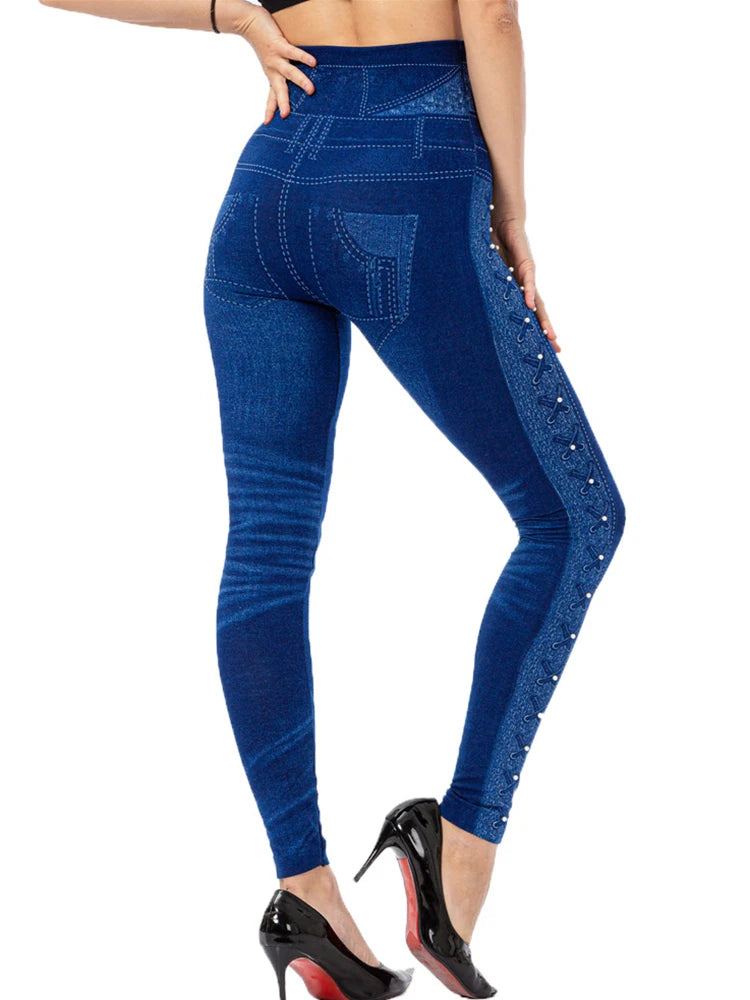 YSDNCHI Pencil Pant Female Faux Denim Leggings Bead Design Running Leggins Slim High Waist Elastic Seamless Skinny Workout