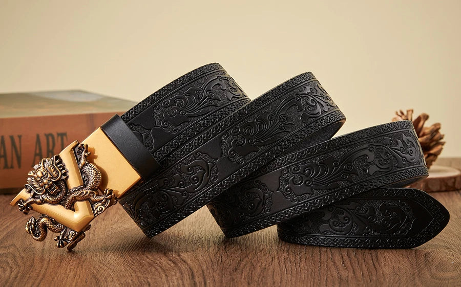 3.5CM V Buckle Cowskin Genuine Leather Belt Quality Alloy Automatic Buckle Print Wasitbad Strap Gift Bussiness Male Belt Men