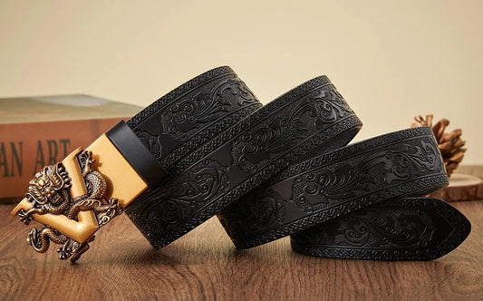 3.5CM V Buckle Cowskin Genuine Leather Belt Quality Alloy Automatic Buckle Print Wasitbad Strap Gift Bussiness Male Belt Men