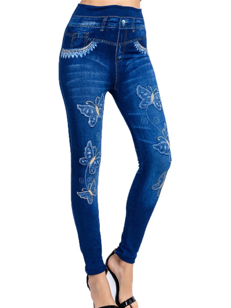 YSDNCHI Pencil Pant Female Faux Denim Leggings Bead Design Running Leggins Slim High Waist Elastic Seamless Skinny Workout
