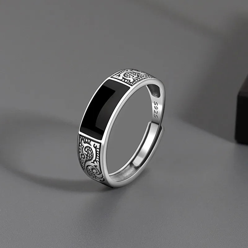 Trendy 925 Sterling Silver Ring for Men Jewelry Black Rectangle Retro Dragon Pattern Ring Male Open Rings Finger Accessories