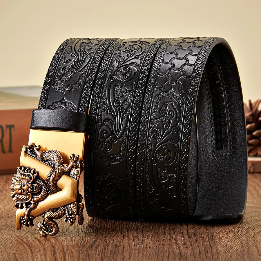 3.5CM V Buckle Cowskin Genuine Leather Belt Quality Alloy Automatic Buckle Print Wasitbad Strap Gift Bussiness Male Belt Men