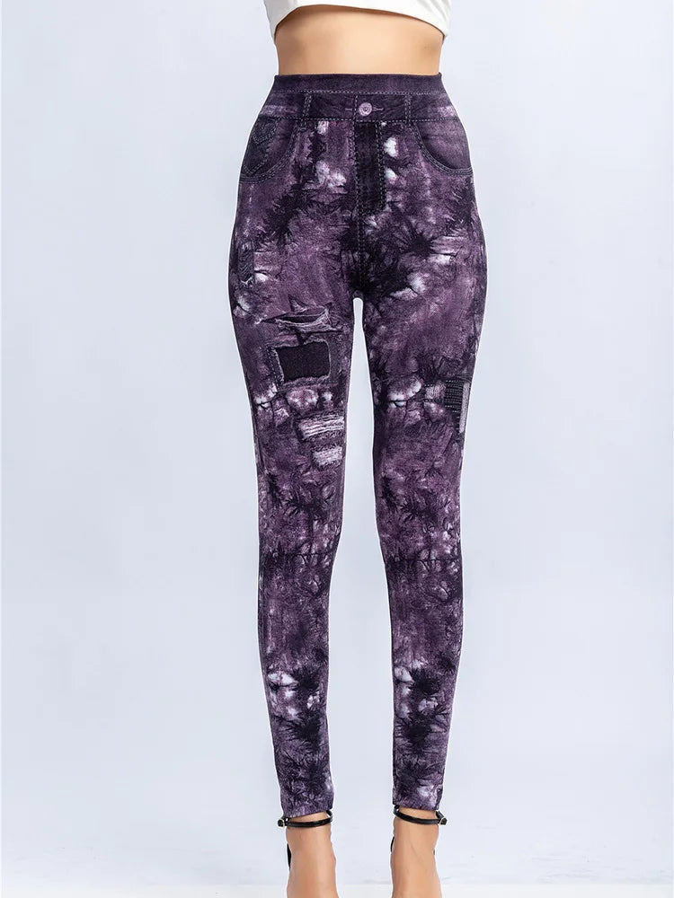 YSDNCHI Pencil Pant Female Faux Denim Leggings Bead Design Running Leggins Slim High Waist Elastic Seamless Skinny Workout