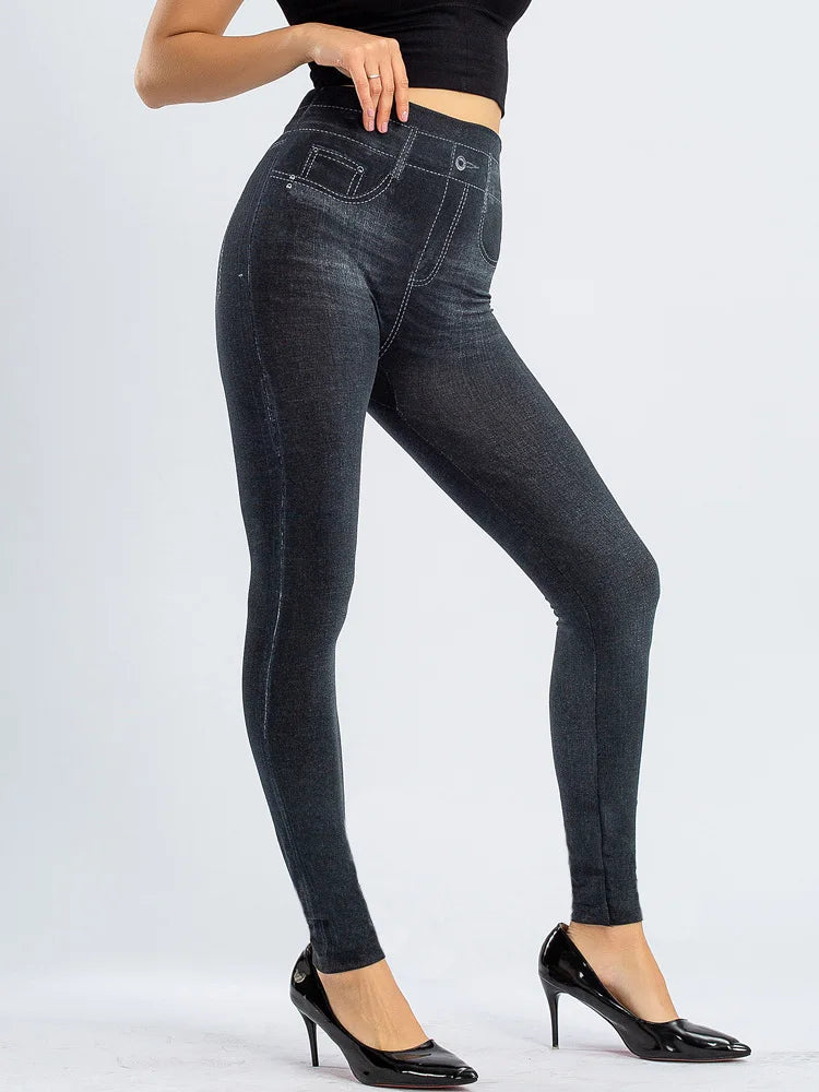 YSDNCHI Pencil Pant Female Faux Denim Leggings Bead Design Running Leggins Slim High Waist Elastic Seamless Skinny Workout