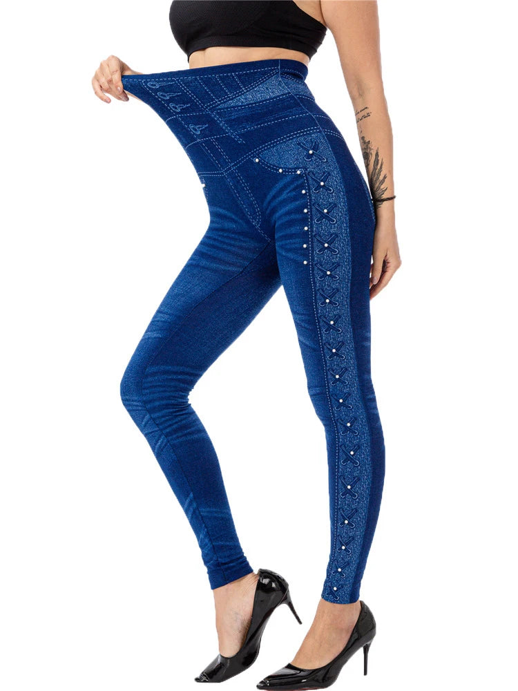 YSDNCHI Pencil Pant Female Faux Denim Leggings Bead Design Running Leggins Slim High Waist Elastic Seamless Skinny Workout