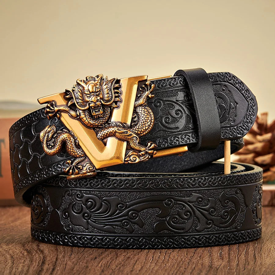 3.5CM V Buckle Cowskin Genuine Leather Belt Quality Alloy Automatic Buckle Print Wasitbad Strap Gift Bussiness Male Belt Men