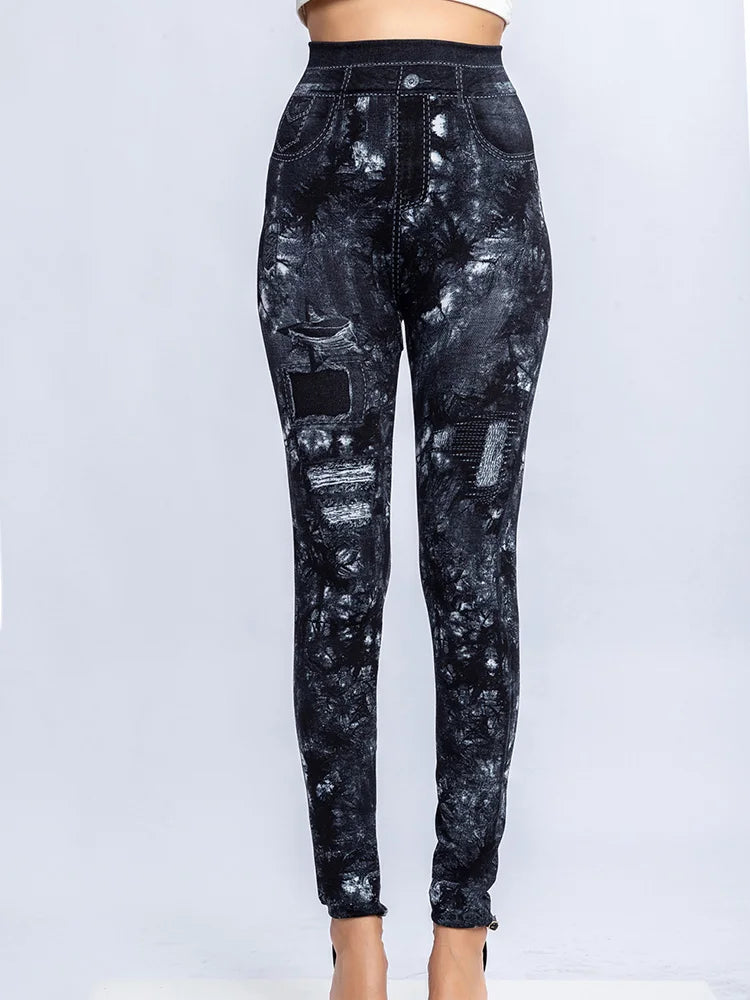 YSDNCHI Pencil Pant Female Faux Denim Leggings Bead Design Running Leggins Slim High Waist Elastic Seamless Skinny Workout
