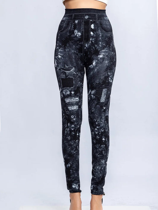 YSDNCHI Pencil Pant Female Faux Denim Leggings Bead Design Running Leggins Slim High Waist Elastic Seamless Skinny Workout