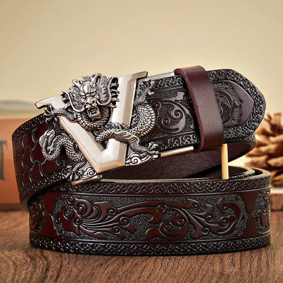 3.5CM V Buckle Cowskin Genuine Leather Belt Quality Alloy Automatic Buckle Print Wasitbad Strap Gift Bussiness Male Belt Men