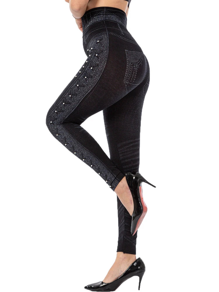 YSDNCHI Pencil Pant Female Faux Denim Leggings Bead Design Running Leggins Slim High Waist Elastic Seamless Skinny Workout