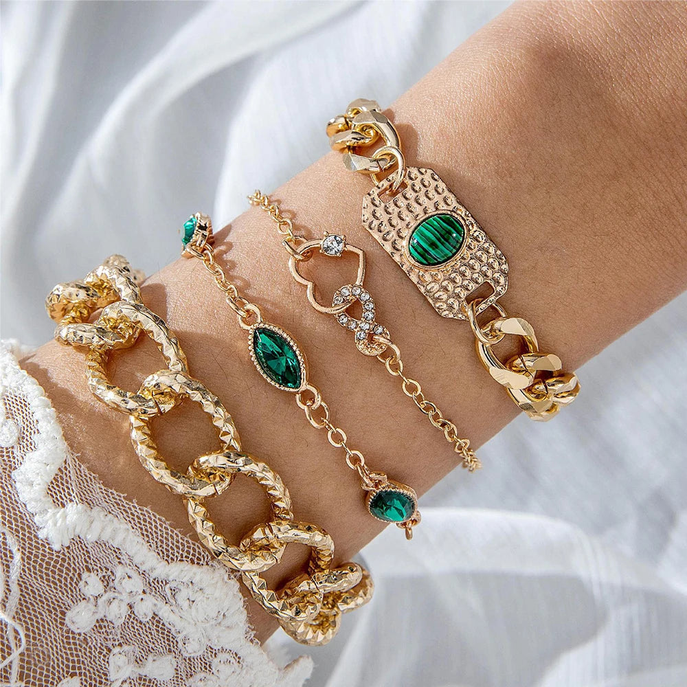 4PCS/Set Fashionable Snake Imitation Gemstone Bangle Rhinestone Full Metal Bracelet Set for Women's Jewelry Birthday Party Gifts