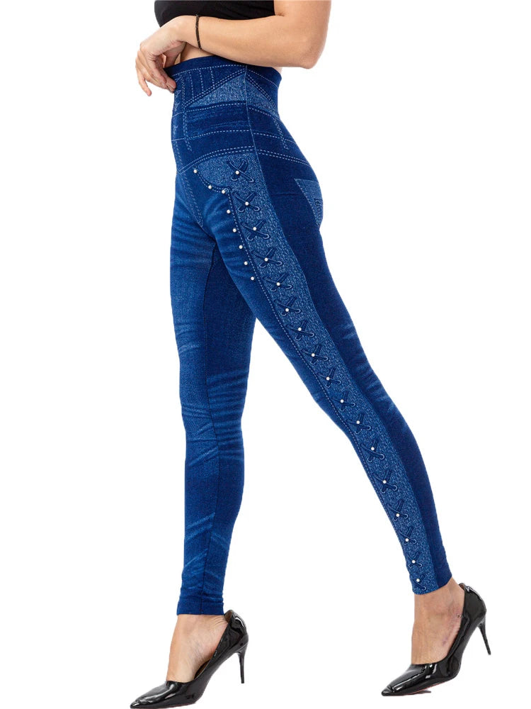 YSDNCHI Pencil Pant Female Faux Denim Leggings Bead Design Running Leggins Slim High Waist Elastic Seamless Skinny Workout