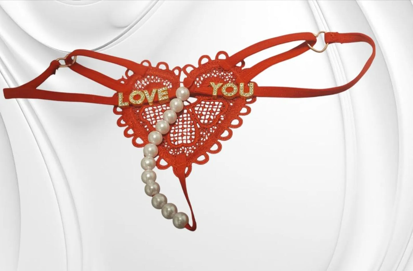 Customized Gold Rhinstone Sexy Heart Embroided Pearl Decor Thong