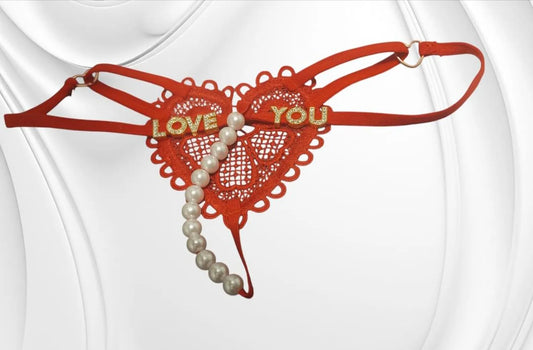 Customized Gold Rhinstone Sexy Heart Embroided Pearl Decor Thong