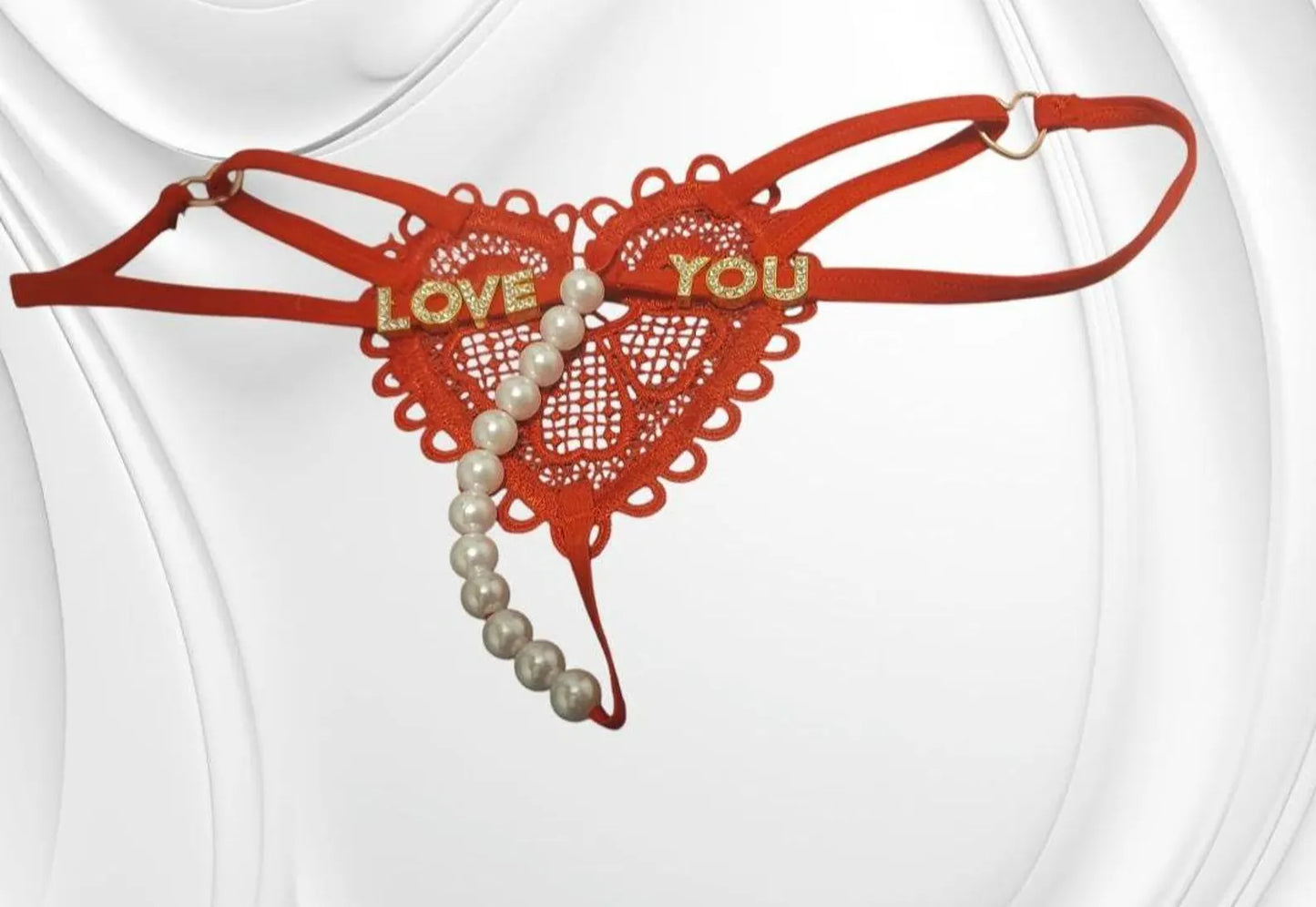 Customized Gold Rhinstone Sexy Heart Embroided Pearl Decor Thong