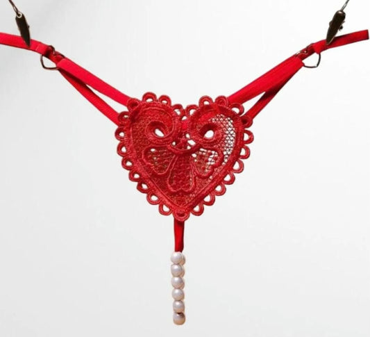 Customized Gold Rhinstone Sexy Heart Embroided Pearl Decor Thong